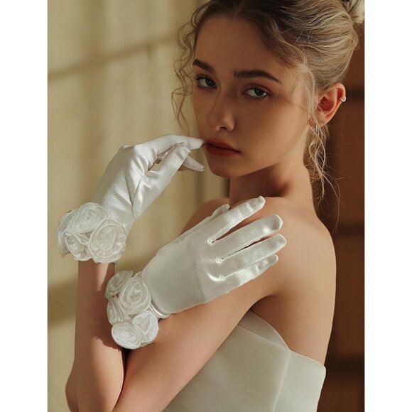 Women's Lvory Elegant Floral Satin Short Gloves Wedding Dress Party Accessories - Picture 4 of 6